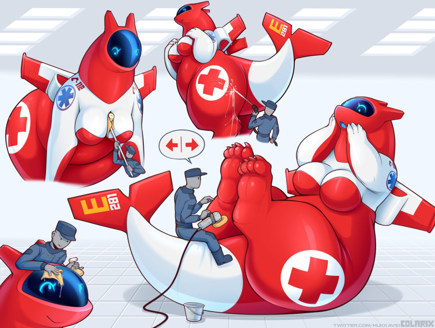 aircraft ambulance anthro between_breasts big_feet blue_eyes blue_markings blue_mouth breasts cleaning_tool colarix digitigrade dragon duo e281_(colarix) emergency_telephone_number featureless_breasts feet female grey_body grey_skin hand_on_cheek hi_res hose human larger_female living_aircraft living_machine living_vehicle machine male mammal markings medical mythological_creature mythological_scalie mythology number_on_body plantigrade polisher polishing red_body red_cross red_markings scalie screen screen_face shocked sitting_on_tail size_difference slightly_chubby slightly_chubby_anthro slightly_chubby_female smile spray_bottle star_of_life tail thick_tail thick_thighs vehicle washcloth white_markings wide_hips wings