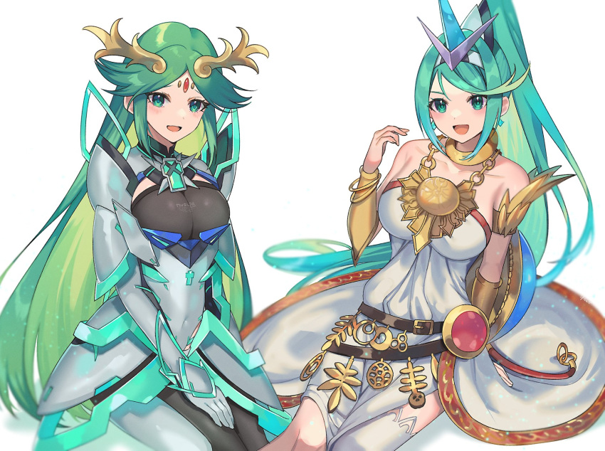 2girls ancient_greek_clothes armlet bare_shoulders bracelet bracer breasts chest_jewel chiton color_connection cosplay costume_switch crossover dress greco-roman_clothes green_eyes green_hair highres jewelry kid_icarus kid_icarus_uprising large_breasts long_hair multiple_girls palutena palutena_(cosplay) parted_bangs pneuma_(xenoblade) pneuma_(xenoblade)_(cosplay) ponytail single_thighhigh strapless strapless_dress super_smash_bros. thighhighs tiara trait_connection very_long_hair white_dress white_legwear xenoblade_chronicles_(series) xenoblade_chronicles_2 yasaikakiage