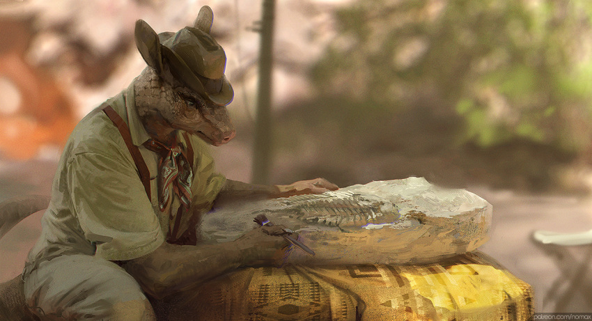 2021 anthro armadillo arthropod brush clothed clothing day detailed_background digital_media_(artwork) fossil hat headgear headwear male mammal marine nomax outside paleontologist solo trilobite xenarthran