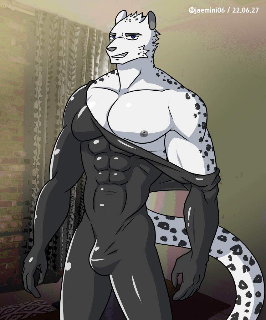 5:6 abs absurd_res alkan anthro big_muscles big_pecs blue_eyes bodysuit bulge clothing felid fur hi_res latex latex_clothing latex_skinsuit leopard luben_(character) male mammal muscular muscular_anthro muscular_male nipples open_bodysuit pantherine pecs rubber_clothing skinsuit solo tight_clothing white_body white_fur