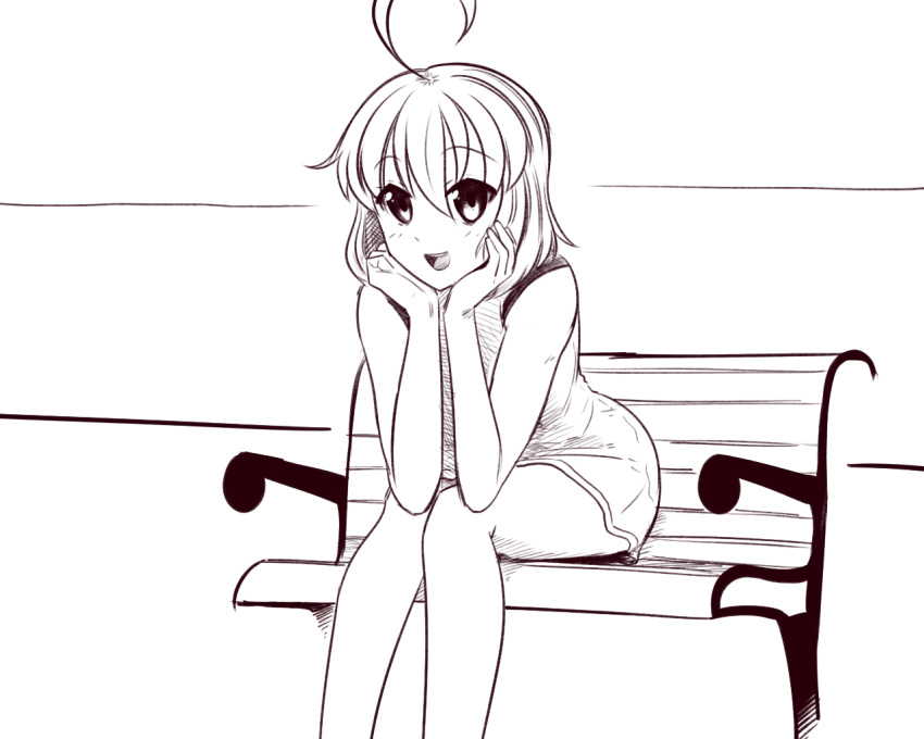 ahoge andou_natsuki bench boa_(brianoa) female greyscale hands_on_own_face kitakubu_katsudou_kiroku looking_at_viewer monochrome open_mouth short_hair sitting smile solo