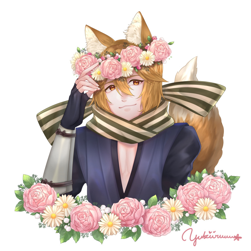 1boy absurdres animal_ears artist_name commentary_request fingerless_gloves fire_emblem fire_emblem_fates flower fox_ears fox_tail gloves head_wreath highres kaden_(fire_emblem) leaf male_focus orange_eyes orange_hair scarf tail upper_body white_background yukiiruuu