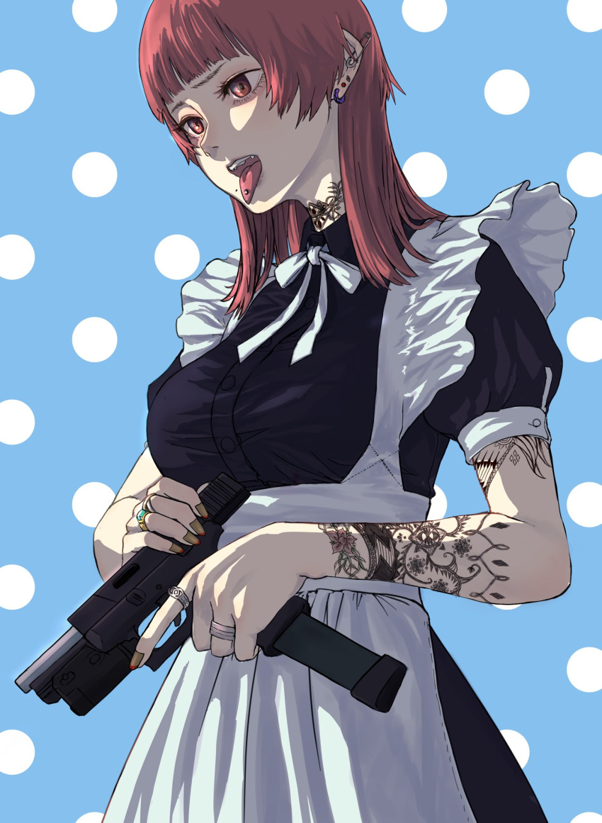 apron arm_tattoo black_dress blue_background breasts dress ear_piercing female glock gun handgun highres holding holding_gun holding_weapon jewelry maid maid_apron maid_day medium_breasts medium_hair multiple_rings neck_ribbon neck_tattoo nori_(arara105) original piercing polka_dot polka_dot_background red_eyes red_hair ribbon ring short_sleeves solo tattoo tongue tongue_out tongue_piercing upper_body weapon white_ribbon