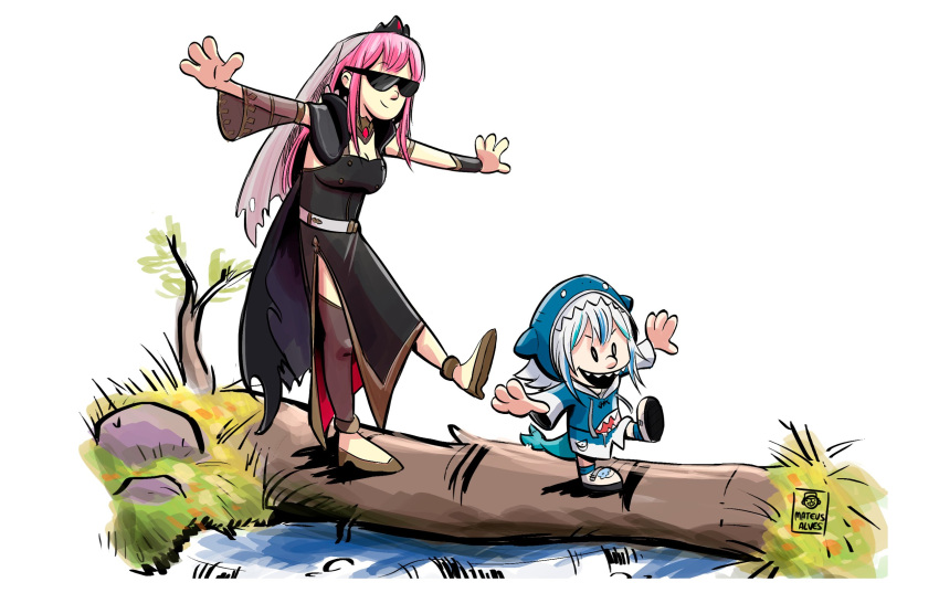 2girls animal_hood artist_name asymmetrical_legwear balancing bill_watterson_(style) black_cape black_dress blue_hair calvin_&_hobbes cape commentary derivative_work detached_sleeves dress english_commentary fins fish_tail gawr_gura gawr_gura_(1st_costume) grass grey_hair height_difference highres hololive hololive_english hood log long_hair long_sleeves mat_(matdesenheiro) medium_hair mori_calliope mori_calliope_(1st_costume) multicolored_hair multiple_girls open_mouth outstretched_arms parody pink_hair shark_hood shark_tail sharp_teeth signature simple_background single_sleeve smile stone streaked_hair style_parody sunglasses tail teeth tiara torn_cape torn_clothes torn_veil uneven_legwear veil virtual_youtuber walking water_stream watermark white_background