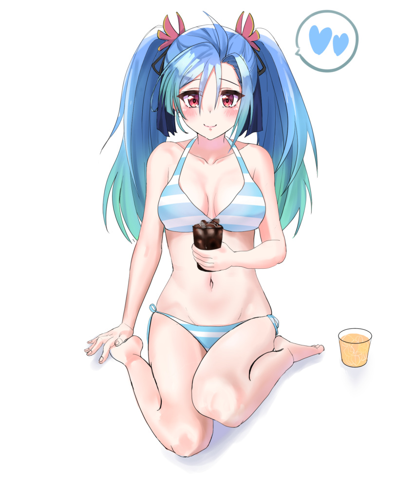 aqua_hair az_sainklaus barefoot bikini blue_bikini blue_hair blush breasts busasu cleavage collarbone commission cup female full_body gradient_hair heart highres holding holding_cup ice korean_commentary looking_at_viewer medium_breasts multicolored_hair navel red_eyes sitting smile solo spoken_heart straight-on super_robot_wars super_robot_wars_30 swimsuit twintails