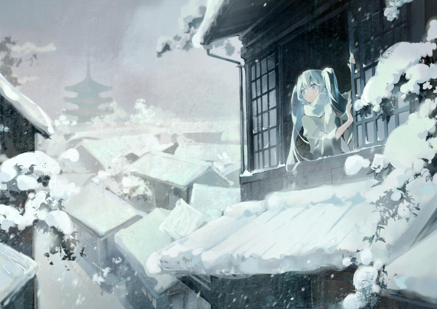 absurdres architecture arm_up blue_eyes blue_hair blurry building closed_mouth commentary east_asian_architecture female grey_shirt hand_up hatsune_miku highres industrial_pipe leaf long_hair long_sleeves looking_away mikka620 opening_window pagoda scarf scenery shirt shouji sliding_doors snow snowing solo town tree twintails upper_body vocaloid white_scarf wide_shot wide_sleeves window yasaka_pagoda