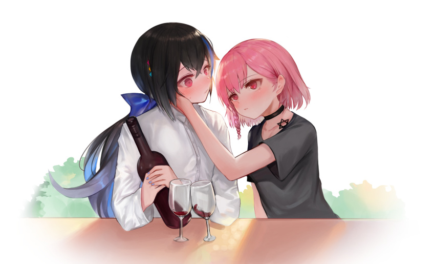 2girls alcohol alternate_hair_length alternate_hairstyle bad_id bad_pixiv_id black_choker black_hair black_shirt blue_bow blush bottle bow braid choker collarbone collared_shirt cup dokomon dress_shirt drinking_glass eye_contact girls'_frontline hair_between_eyes hairbow hand_on_another's_face hexagram highres holding holding_bottle jericho_(girls'_frontline) long_hair looking_at_another low_ponytail multiple_girls negev_(girls'_frontline) parted_lips pink_hair ponytail red_eyes shirt short_sleeves single_braid star_of_david sweat upper_body very_long_hair white_shirt wine wine_bottle wine_glass yuri