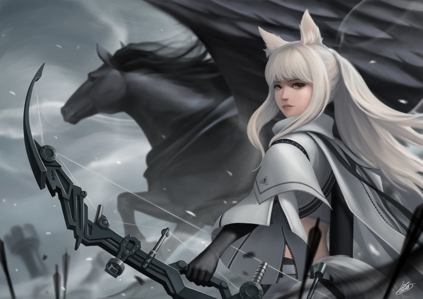 animal_ears arknights arrow_(projectile) bow_(weapon) brown_eyes commentary compound_bow female highres horse horse_ears lips long_hair looking_at_viewer okita platinum_(arknights) platinum_blonde_hair ponytail signature solo weapon