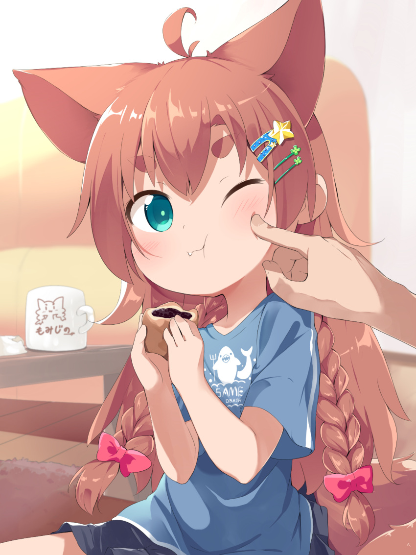 1boy :t ahoge animal_ears black_skirt blue_shirt blush cheek_poking closed_mouth clothes_writing clover_hair_ornament commentary_request couch cup fang_out female food four-leaf_clover_hair_ornament green_eyes hair_ornament hairclip highres holding holding_food makuran momiji_(makuran) mug oerba_yun_fang one_eye_closed original poking romaji_text shirt short_eyebrows short_sleeves skirt solo_focus star_(symbol) star_hair_ornament table tail thick_eyebrows wooden_floor