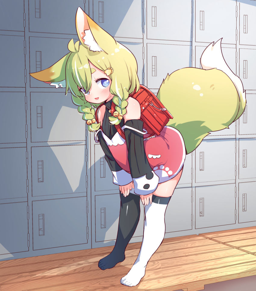 ahoge animal_ear_fluff animal_ears asymmetrical_legwear babalilo babalilo_(babalilo) backpack bag bell black_legwear black_sleeves black_sweater blue_eyes braid detached_sleeves dress female fox_ears fox_girl fox_tail green_hair hair_ornament hairclip highres indoors jingle_bell leaning_forward locker long_hair mismatched_legwear no_shoes open_mouth original randoseru red_dress short_dress smile solo strap_slip sundress sweater tail thick_eyebrows thighhighs toes turtleneck turtleneck_sweater twin_braids twintails white_legwear