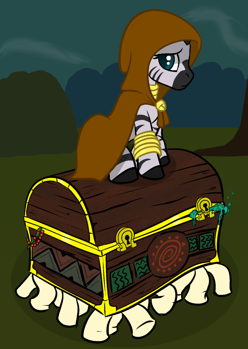 cloak clothing crossover discworld duo equid equine female feral friendship_is_magic hasbro hi_res looking_at_viewer lowkey luggage mammal my_little_pony outside sad sapient_pearwood sitting stripes the_luggage toony zebra zecora_(mlp)