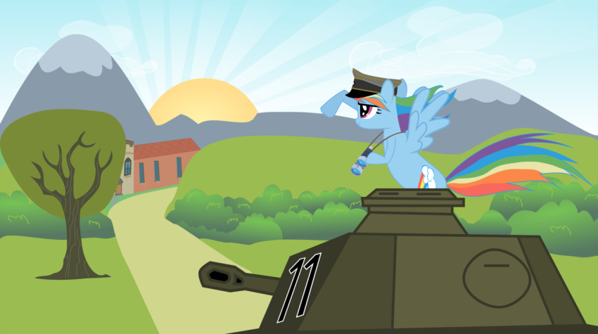 binoculars blue_body blue_feathers blue_fur clothing equid equine feathered_wings feathers female friendship_is_magic fur hair hasbro hat headgear headwear mammal multicolored_hair multicolored_tail my_little_pony mythological_creature mythological_equine mythology panther_(tank) panzer panzerkampfwagen_(tank) panzerkampfwagen_v_(tank) pegasus plant rainbow_dash_(mlp) rainbow_hair rainbow_tail solo tail tank tensaioni tree vehicle wings wood