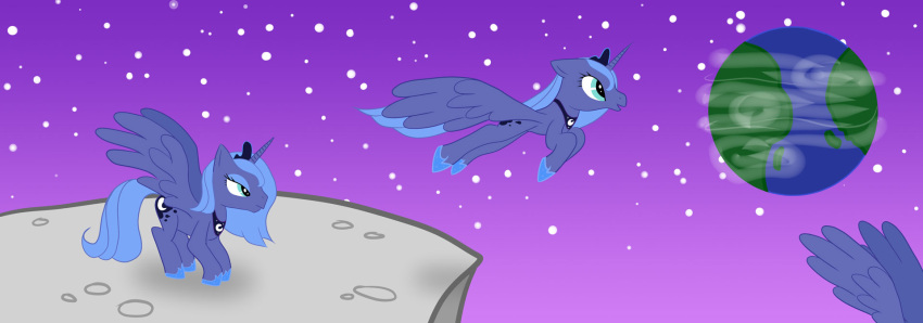 alicorn blue_body blue_feathers cutie_mark earth equid equine feathered_wings feathers female feral friendship_is_magic hasbro hi_res horn mammal moabite moon my_little_pony mythological_creature mythological_equine mythology planet princess_luna_(mlp) quadruped solo space tail wings