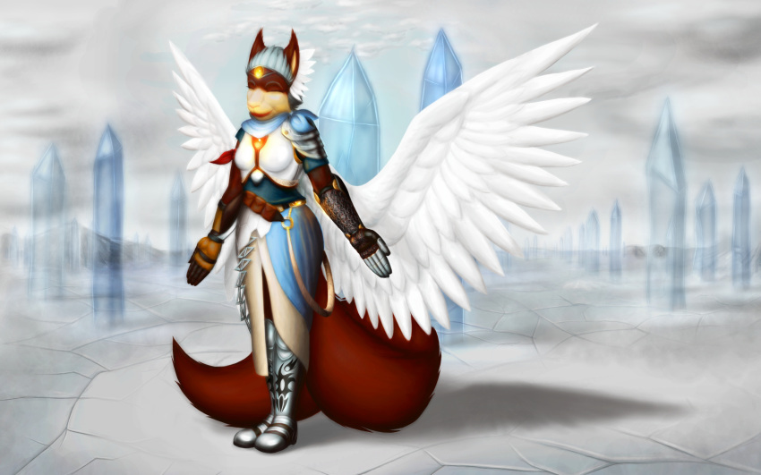 16:10 abstract_background absurd_res angel arche_kruz armor blurred_background boots brown_body brown_fur clothed clothing digital_media_(artwork) digital_painting_(artwork) dress feathered_wings feathers female fluffy fluffy_tail footwear fully_clothed fur hi_res mammal rodent sciurid shaded soft_shading solo standing tail tree_squirrel valerie_valens white_wings widescreen wings