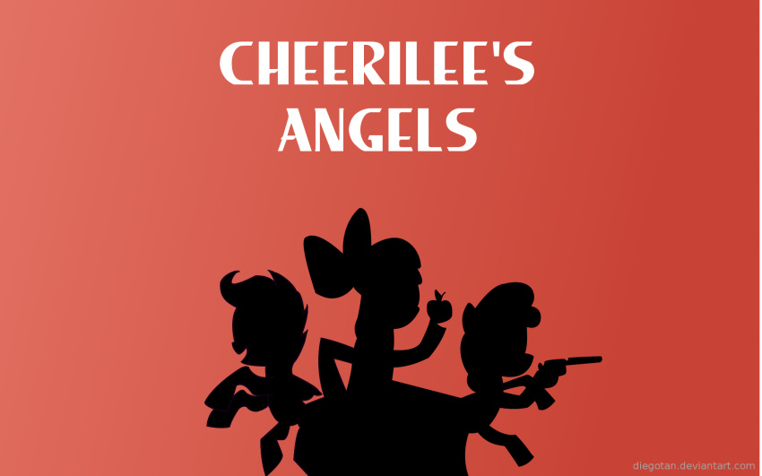 16:10 apple apple_bloom_(mlp) charlie's_angels crossover cutie_mark_crusaders_(mlp) diegotan earth_pony english_text equid equine female feral food friendship_is_magic fruit group gun handgun hasbro hi_res horse mammal my_little_pony parody plant pony ranged_weapon revolver scootaloo_(mlp) sweetie_belle_(mlp) text wallpaper weapon widescreen