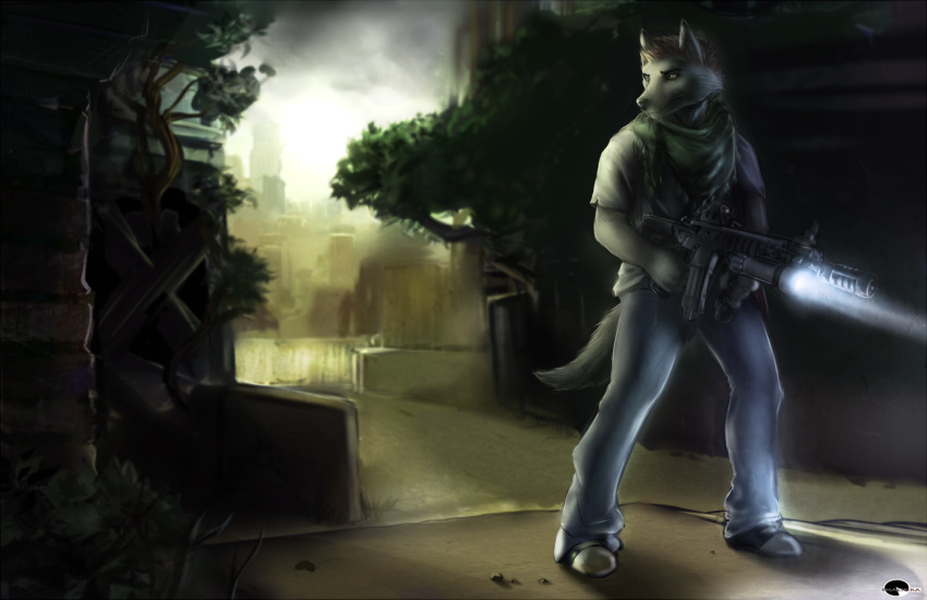 anthro ar-15 assault_rifle banana_magazine biped bottomwear brown_hair canid canine canis city clothing denim denim_bottomwear denim_clothing detailed_background flashlight footwear full-length_portrait fur grey_body grey_fur gun hair holding_gun holding_object holding_ranged_weapon holding_weapon jeans light light_beam m4 male mammal pants plant portrait post-apocalyptic ranged_weapon rifle scarf shalinka shoes sky sneakers solo standing tail tree weapon wolf