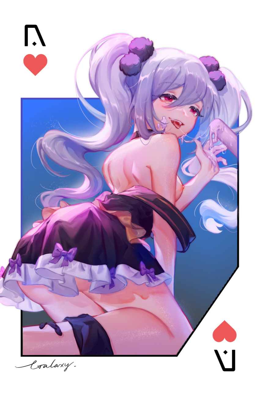 absurdres artist_name bare_shoulders box_galaxy breasts dress female food grey_hair guardian_tales heart highres ice_cream kneeling long_hair looking_to_the_side necromancer_noxia nipples red_eyes twintails