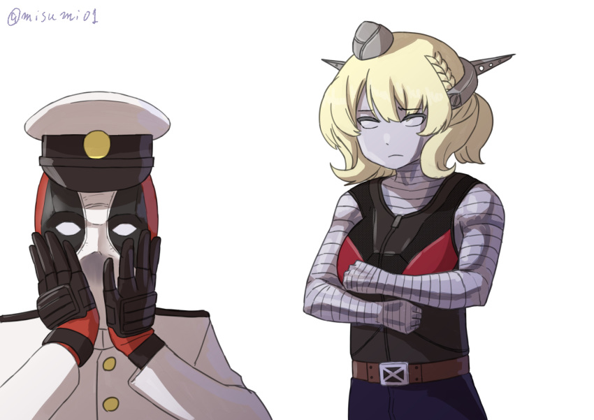 1boy admiral_(kancolle) admiral_(kancolle)_(cosplay) blonde_hair braid colorado_(kancolle) colossus_(x-men) colossus_(x-men)_(cosplay) commentary_request cosplay crossover deadpool deadpool_(movie) deadpool_(series) female hat headgear kantai_collection marvel military military_hat military_uniform misumi_(niku-kyu) naval_uniform object_on_head panties panties_on_head panty_mask parody peaked_cap pun short_hair side_braids simple_background twitter_username underwear uniform white_background white_panties x-men