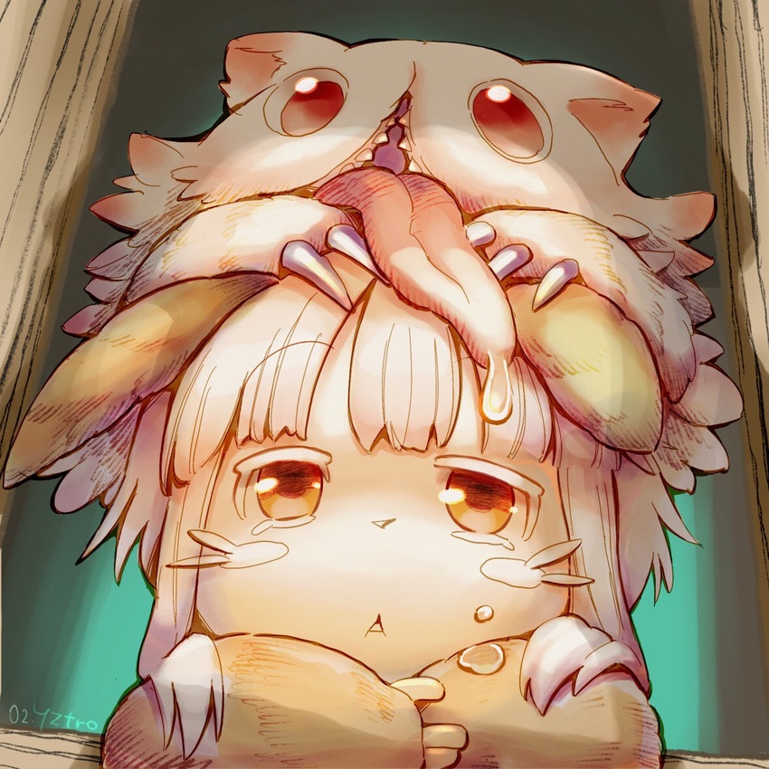 2others animal_ears artist_name brown_eyes brown_fur commentary_request drooling furry grey_hair made_in_abyss medium_hair mitty_(made_in_abyss) multiple_others nanachi_(made_in_abyss) on_head on_person other_focus parted_lips saliva sidelocks tongue tongue_out toro_astro triangle_mouth upper_body whiskers