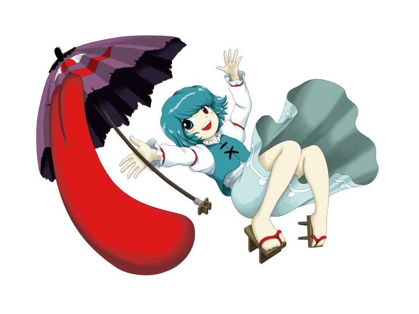 blue_eyes blue_hair blue_skirt blue_vest blush commentary_request female full_body geta heterochromia highres holding holding_umbrella juliet_sleeves jumping karakasa_obake long_sleeves looking_at_viewer open_mouth parasite_oyatsu parody puffy_sleeves red_eyes shirt short_hair simple_background skirt smile solo style_parody tatara_kogasa teeth tongue touhou touhou_danmaku_kagura transparent_background umbrella upper_teeth_only vest white_shirt zun_(style)