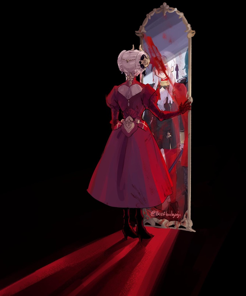 2girls aged_up ankle_boots armor ascot back_cutout blood blood_on_mirror blue_hair boots byleth_(female)_(fire_emblem) byleth_(fire_emblem) cape clothing_cutout commentary_request different_reflection edelgard_von_hresvelg fire_emblem fire_emblem:_three_houses garreg_mach_monastery_uniform gloves grey_hair hair_ornament hair_ribbon heart_cutout highres mirror multiple_girls pantyhose red_cape red_pantyhose reflection ribbon simple_background tofucakes uniform white_hair