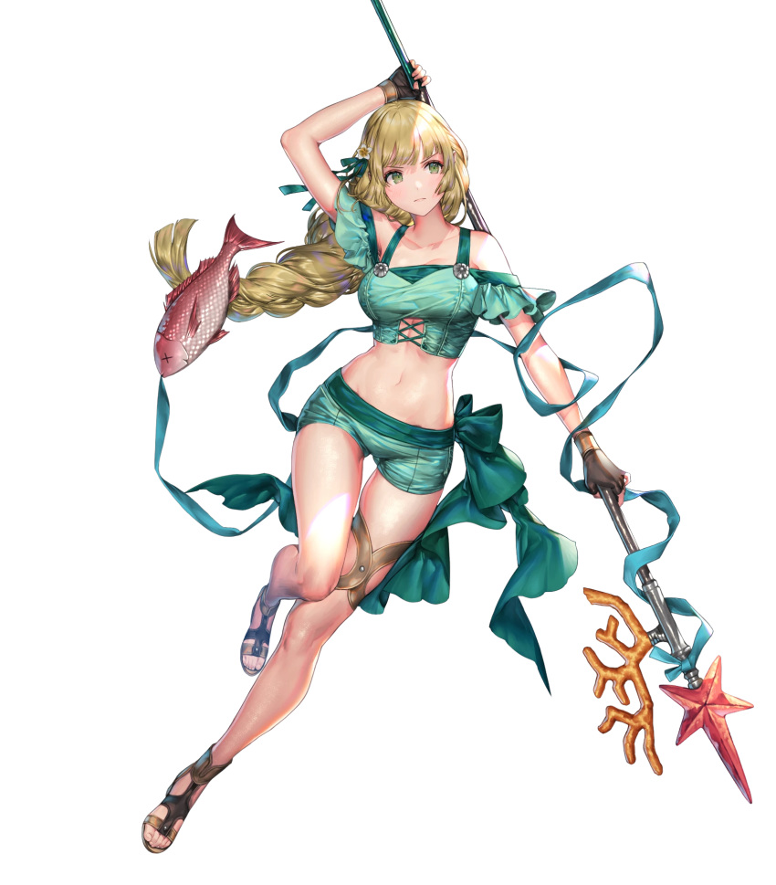 animal bare_shoulders bikini bikini_shorts blonde_hair braid breasts closed_mouth collarbone feet female fingerless_gloves fire_emblem fire_emblem:_three_houses fire_emblem_heroes fish full_body gloves green_eyes hair_ornament highres holding holding_weapon ingrid_brandl_galatea ingrid_brandl_galatea_(summer) legs long_hair medium_breasts navel non-web_source off-shoulder_bikini off_shoulder official_art polearm sandals sencha_(senchat) shiny_skin short_shorts shorts single_braid solo starpoint_lance_(fire_emblem) stomach swimsuit thigh_strap tied_hair toes transparent_background weapon