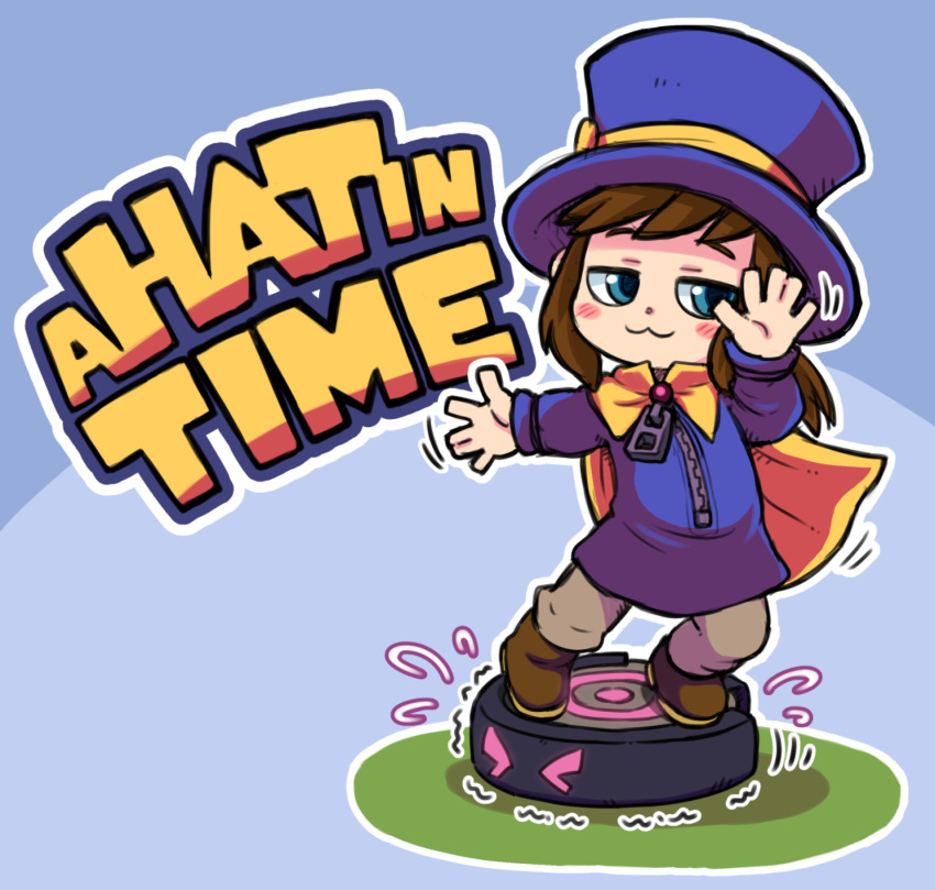 >_< :3 a_hat_in_time blue_background blue_eyes blush_stickers boots brown_footwear brown_hair brown_pants cape commentary copyright_name dancing female full_body hat hat_kid highres ikaheigen jacket long_hair meme no_one's_around_to_help_(meme) pants purple_hat purple_jacket robot robotic_vacuum_cleaner solo standing top_hat yellow_cape zipper