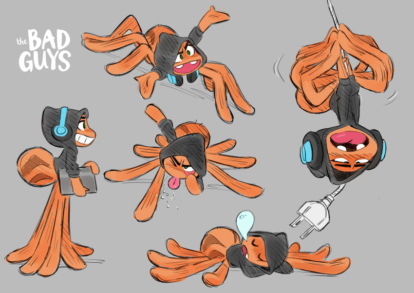 10_limbs 8_legs absurd_res anthro arachnid arthropod arthropod_abdomen chibetto closed_eyes clothing dreamworks electronics headphones hi_res hoodie ms._tarantula_(the_bad_guys) multiple_poses mygalomorph official_art one_eye_closed orange_body pose semi-anthro simple_background sleeping spider tarantula the_bad_guys tongue tongue_out topwear