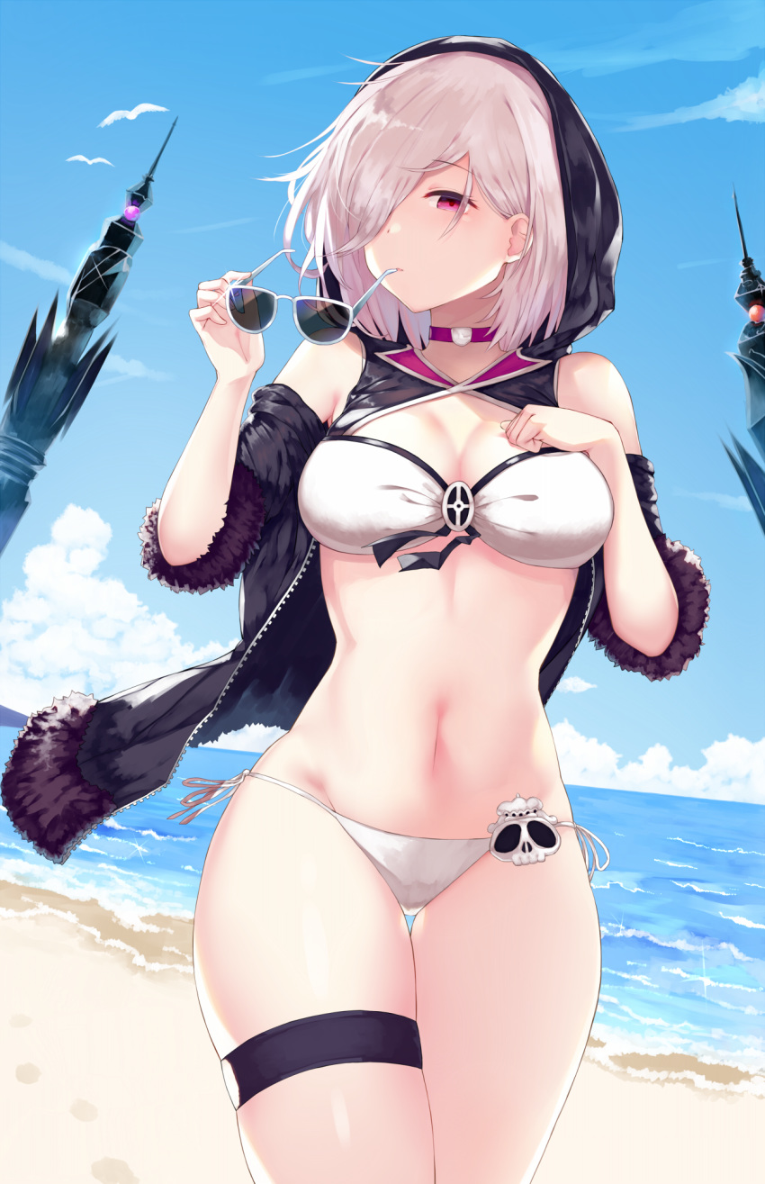 bare_shoulders beach bikini bird blue_sky blush breasts choker cloud day female fur_trim glint grey-framed_eyewear groin hair_over_one_eye highres holding holding_removed_eyewear hood hood_up hoodie large_breasts long_sleeves looking_at_viewer navel ocean outdoors parted_lips pink_eyes seagull shadowverse shingeki_no_bahamut short_hair skindentation skull sky smile solo stomach sunglasses swimsuit thigh_strap unworn_eyewear white_bikini white_hair wind wizardess_of_oz yamato_(muchuu_paradigm)