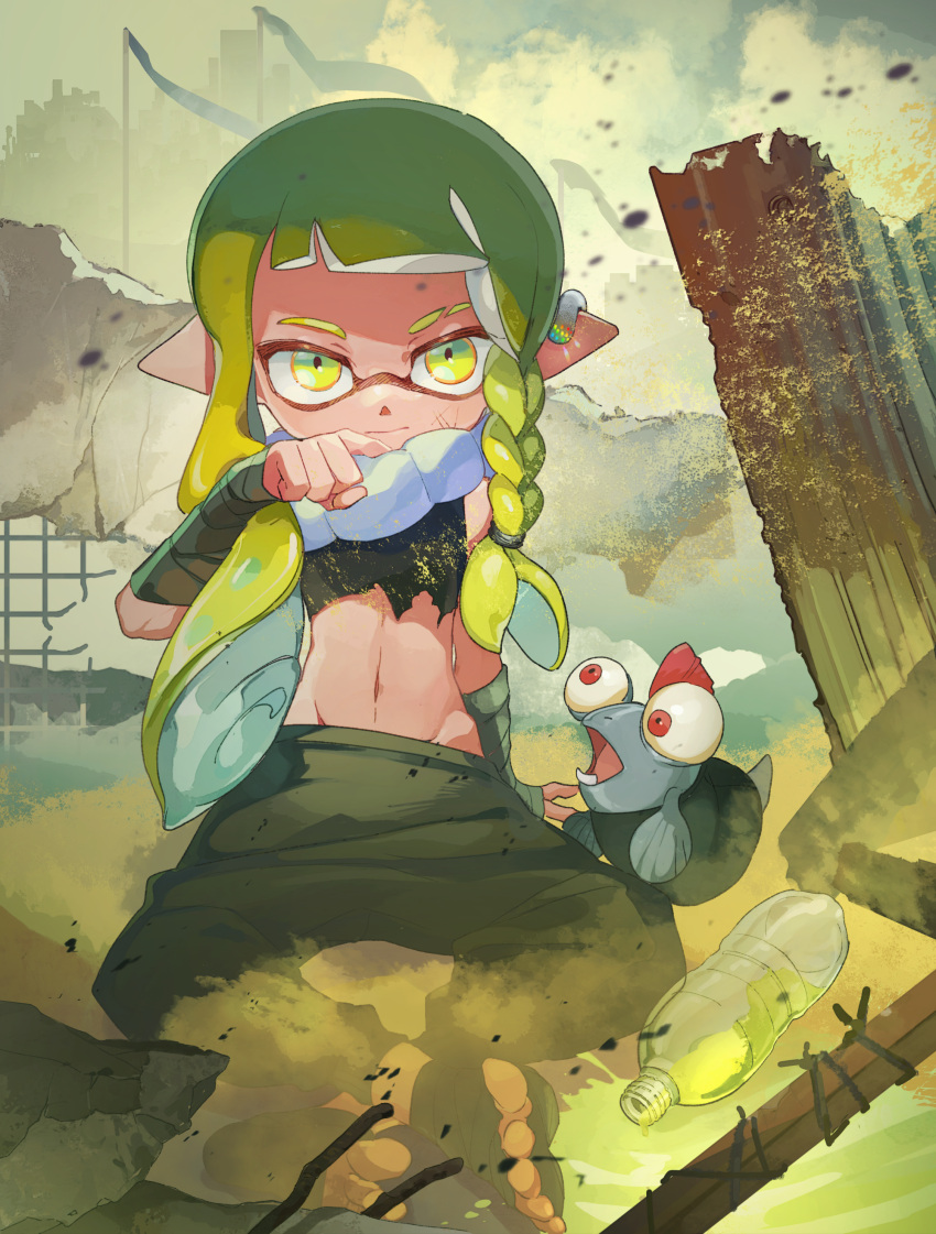 absurdres agent_3_(splatoon_3) asymmetrical_hair baggy_pants blunt_bangs bottle braid commentary_request debris earrings eyebrow_cut female green_eyes green_hair highres inkling inkling_girl inkling_player_character jewelry looking_at_viewer midriff mkakimikan navel outdoors pants pointy_ears ruins salmonid shirt single_braid smallfry_(splatoon) solo splatoon_(series) splatoon_3 squidbeak_splatoon stomach tentacle_hair toeless_legwear torn_clothes torn_shirt water_bottle wrist_wrap