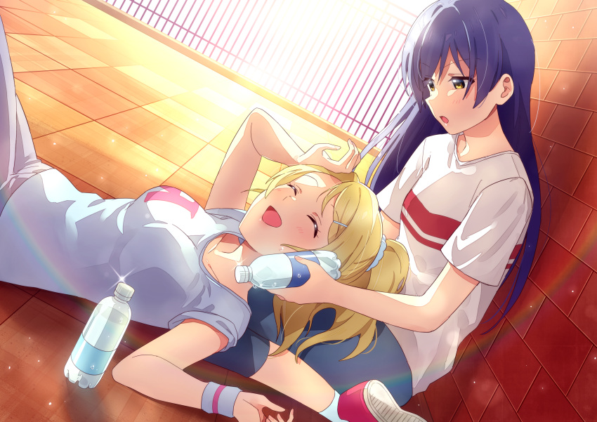 2girls absurdres ayase_eli blonde_hair blue_hair blush bottle bottle_to_cheek closed_eyes commentary highres holding holding_bottle lap_pillow long_hair looking_at_another love_live! love_live!_school_idol_project lying multiple_girls nanatsu_no_umi open_mouth outdoors sitting smile sonoda_umi sportswear swept_bangs wariza water_bottle yellow_eyes yuri