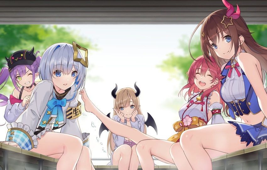 5girls akanebi amane_kanata amane_kanata_(1st_costume) armband bare_shoulders bat_wings bibi_(tokoyami_towa) black_headwear blonde_hair blue_eyes blue_hair blue_jacket blue_neckwear blue_skirt bra_strap brown_hair choker closed_eyes collared_shirt demon_horns detached_sleeves foot_up frilled_skirt frills green_eyes grey_hair hair_ornament hat hololive horns jacket japanese_clothes kimono legs_together long_hair looking_at_viewer midriff mini_wings multicolored_hair multiple_girls neck_ribbon obi off_shoulder one_eye_closed parted_lips pink_hair purple_hair red_ribbon ribbon sakura_miko sakura_miko_(1st_costume) sash shirt short_hair sitting skirt sleeveless sleeveless_jacket sleeveless_kimono sleeveless_shirt smile streaked_hair tokino_sora tokino_sora_(1st_costume) tokoyami_towa tokoyami_towa_(1st_costume) twintails virtual_youtuber white_kimono white_sleeves wide_sleeves wings yuzuki_choco yuzuki_choco_(1st_costume)