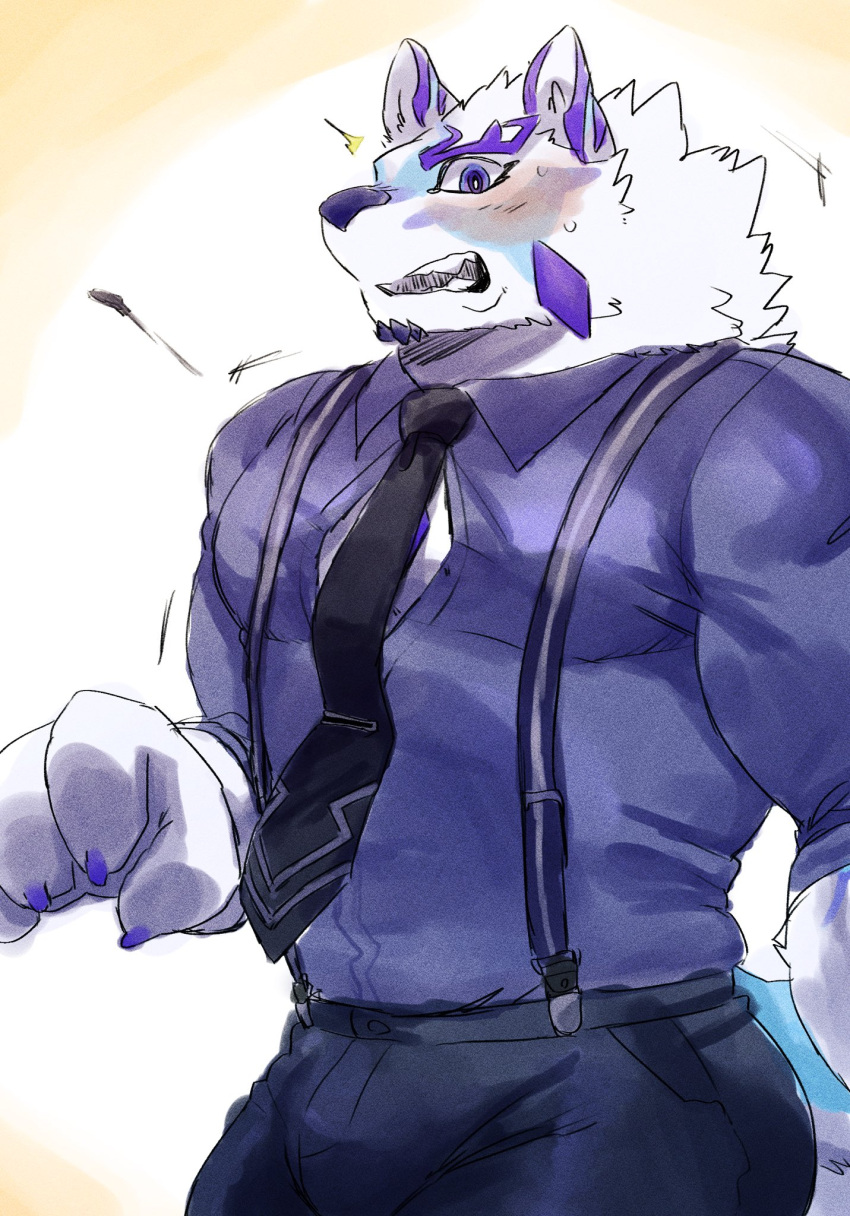 anthro blush button_(fastener) button_pop canid canine clothing dress_shirt embarrassed facial_markings fur head_markings hi_res lifewonders live_a_hero male mammal markings muscular muscular_anthro muscular_male necktie nokia1124_a pecs sadayoshi shirt solo suspenders topwear wardrobe_malfunction white_body white_fur