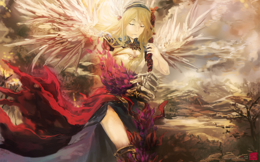 angel_wings armor armored_boots black_skirt blonde_hair boots breasts cape claws cleavage closed_eyes closed_mouth commentary english_commentary feathered_wings female fire foot_out_of_frame gauntlets head_wings highres holding long_hair medium_breasts pauldrons ragnarok_online red_cape revision shoulder_armor signature skirt solo tree tsunoh valkyrie valkyrie_randgris waist_cape white_wings wings