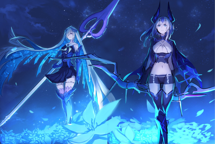 2girls aslaug_(fate) black_horns black_shirt black_shorts black_skirt blue_eyes blue_flower blue_hair boots bow_(weapon) brynhildr_(fate) brynhildr_romantia closed_mouth cloud commentary_request dragon_horns fate/grand_order fate/prototype fate/prototype:_fragments_of_blue_and_silver fate:lost_einherjar fate_(series) floating_hair flower green_neckerchief hair_ornament headpiece highres holding holding_bow_(weapon) holding_polearm holding_weapon horns kashia long_hair midriff mother_and_daughter multiple_girls navel neckerchief night night_sky one_eye_closed outdoors petals polearm purple_eyes sailor_collar sailor_shirt shirt short_shorts shorts signature skirt sky sleeveless sleeveless_shirt smile spear thighhighs very_long_hair weapon white_hair white_sailor_collar