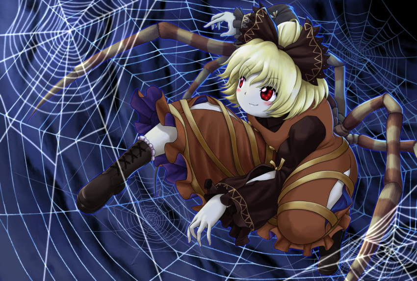 arthropod_limbs black_bow black_shirt blonde_hair blush boots bow brown_dress brown_footwear buttons closed_mouth commentary_request cross-laced_footwear dress extra_legs female full_body hair_bun hairbow highres kurodani_yamame long_sleeves looking_to_the_side parasite_oyatsu parody red_eyes ribbon shirt short_hair silk single_hair_bun smile solo spider_web style_parody sunken_fossil_world touhou turtleneck yellow_ribbon zun_(style)