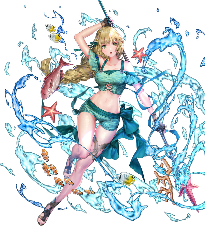 animal bare_shoulders bikini bikini_shorts braid breasts clownfish collarbone feet female fire_emblem fire_emblem:_three_houses fire_emblem_heroes fish full_body green_eyes hair_ornament highres holding holding_weapon ingrid_brandl_galatea ingrid_brandl_galatea_(summer) leg_up legs long_hair medium_breasts navel non-web_source off-shoulder_bikini off_shoulder official_art open_mouth polearm sandals sencha_(senchat) shiny_skin short_shorts shorts single_braid solo starfish starpoint_lance_(fire_emblem) stomach swimsuit tied_hair toes transparent_background water weapon