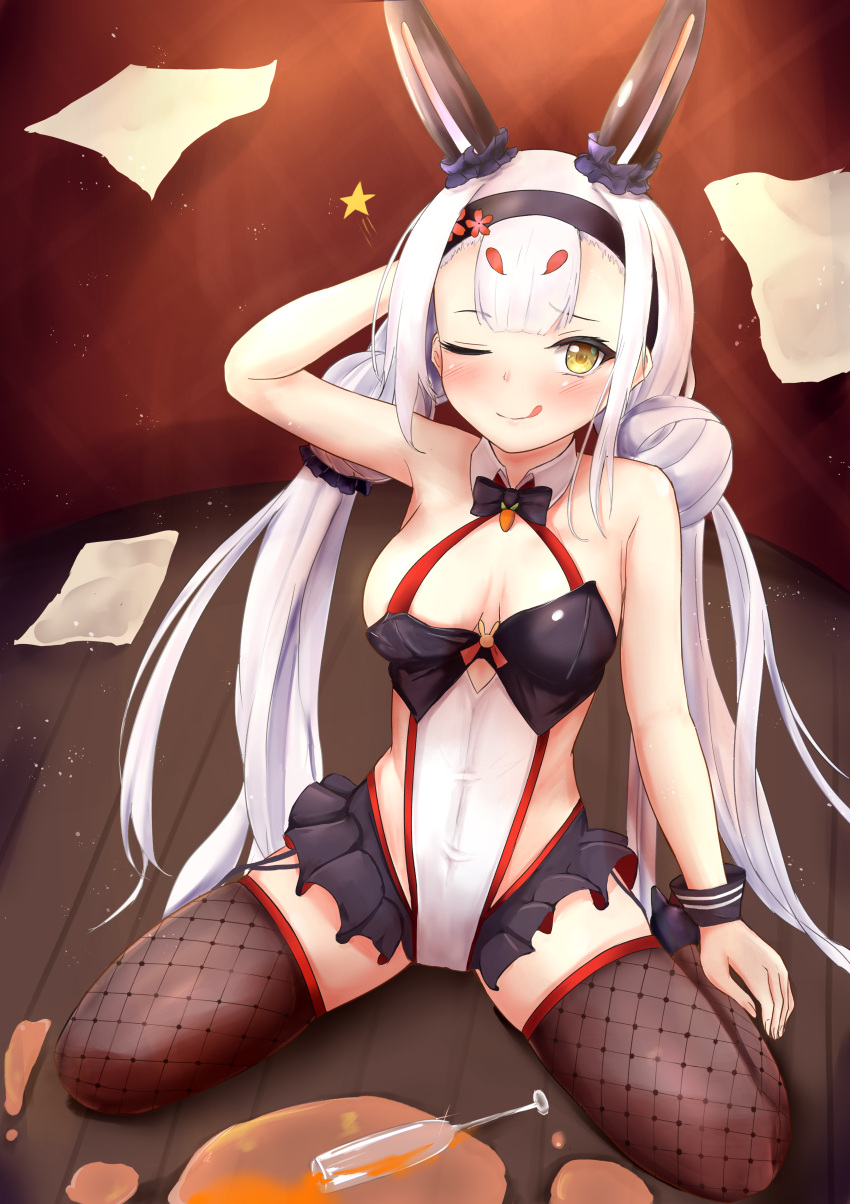 ;q absurdres alternate_costume animal_ears arm_up azur_lane blush breasts commentary_request female headband highres long_hair looking_at_viewer medium_breasts official_alternate_costume one_eye_closed paper playboy_bunny rabbit_ears shimakaze_(azur_lane) shimakaze_(world's_speediest_bunny_waitress)_(azur_lane) sitting spill takahasho thighhighs tongue tongue_out tray white_hair yellow_eyes