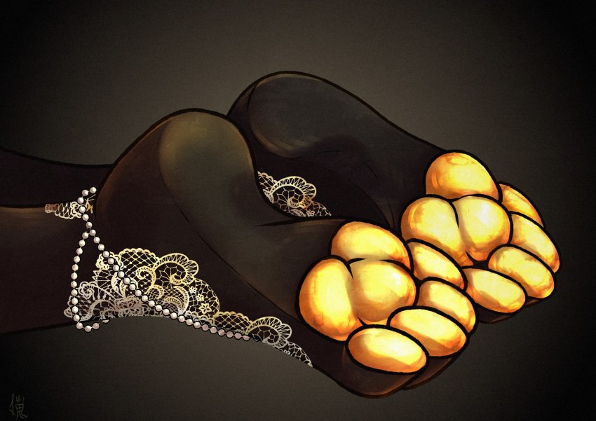 4_toes anthro black_background black_body black_fur decoration feet female foot_focus fur gold_pawpads gotikamaamakitog hi_res hindpaw katenyeha_(katalina_sochi) pawpads paws signature simple_background soles solo toes yellow_pawpads