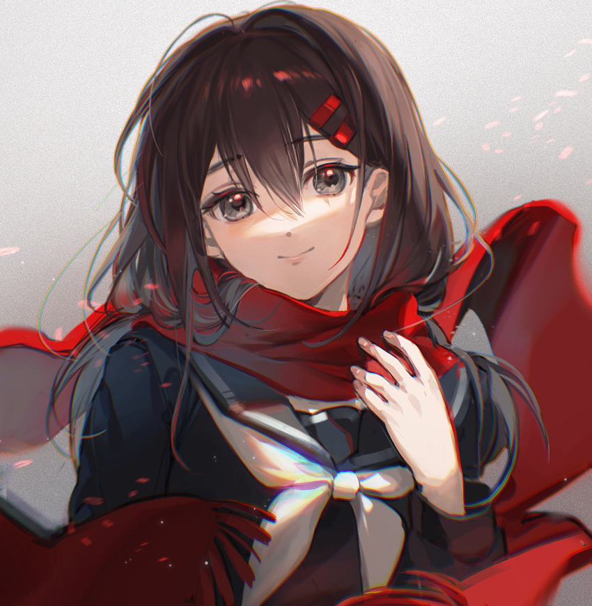 ayano_no_koufuku_riron_(vocaloid) black_eyes black_shirt brown_hair chromatic_aberration closed_mouth commentary female hair_between_eyes hair_ornament hairclip hand_on_own_chest hand_up highres kagerou_project light_particles looking_at_viewer medium_hair neckerchief red_scarf rumoon sailor_collar scarf shirt smile solo tateyama_ayano upper_body white_neckerchief