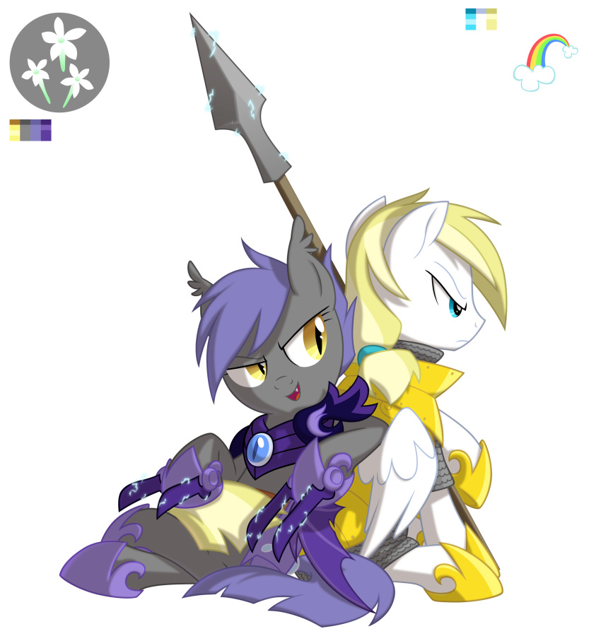 2013 absurd_res alpha_channel armor back_to_back bat_wings blonde_hair cloud_skipper_(mlp) cutie_mark duo equid equine fan_character feathered_wings feathers female feral friendship_is_magic fur goatanimedatingsim hair hasbro hi_res long_hair male mammal melee_weapon membrane_(anatomy) membranous_wings midnight_blossom my_little_pony mythological_creature mythological_equine mythology night_guard_(mlp) open_mouth pegasus polearm pupils royal_guard_(mlp) simple_background slit_pupils smile spear teeth thestral transparent_background weapon white_body white_feathers wings yellow_eyes