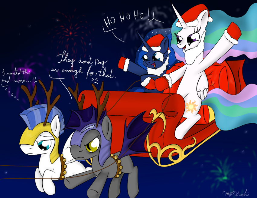 2012 alicorn amber_eyes antlers beard blue_hair christmas christmas_clothing christmas_headwear clothing cutie_mark english_text equid equine facial_hair feathered_wings feathers female feral fireworks friendship_is_magic group hair hasbro hat headgear headwear holidays horn long_hair male mammal membrane_(anatomy) membranous_wings multicolored_hair my_little_pony mythological_creature mythological_equine mythology pegasi_guard_(mlp) pegasus princess princess_celestia_(mlp) princess_luna_(mlp) rodolfomushi royal_guard_(mlp) royalty santa_hat sleigh smile tail teal_eyes text thestral unicorn white_body white_feathers wings