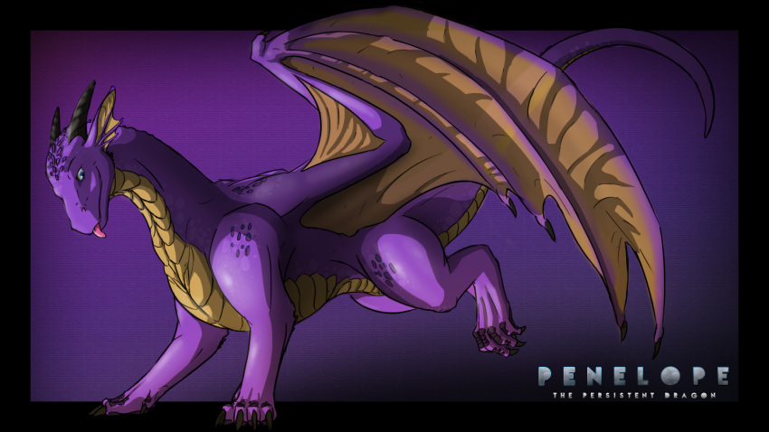 16:9 2012 claws dragon english_text evalion female feral hi_res horn membrane_(anatomy) membranous_wings mythological_creature mythological_scalie mythology paws penelope_the_persistent_dragon purple_body purple_scales purple_skin purple_theme scales scalie solo tail text tongue widescreen wings