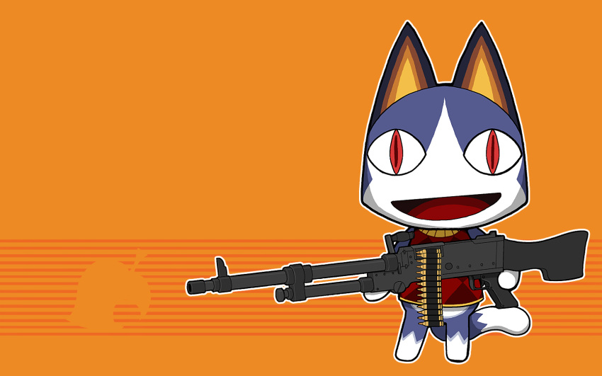 16:10 2013 :d ammo_belt ammunition animal_crossing anthro clothing domestic_cat felid feline felis fn_mag gun happy hi_res machine_gun male mammal nintendo orange_background ranged_weapon redic-nomad rover_(animal_crossing) shirt simple_background smile solo topwear wallpaper weapon widescreen