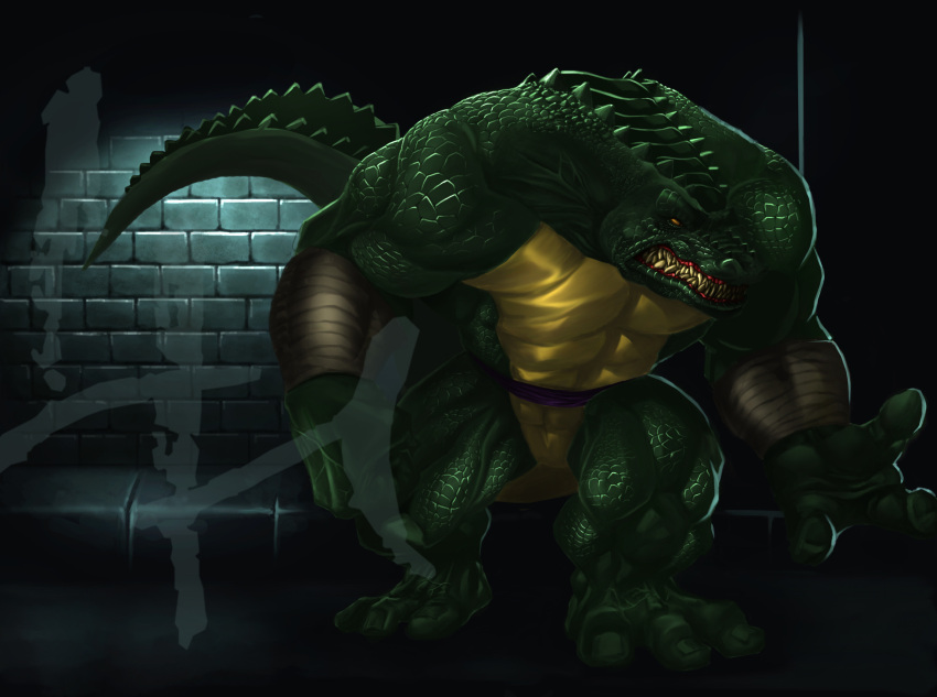 abs alligator alligatorid anthro bandage belt biceps big_muscles biped bottomless claws clenched_teeth clothed clothing crocodilian fangs flexing green_body green_skin hi_res huge_muscles karuma9 leatherhead male muscular muscular_anthro muscular_male orange_eyes pecs pose reptile scales scalie sewer solo standing tail teenage_mutant_ninja_turtles teeth thick_tail topless