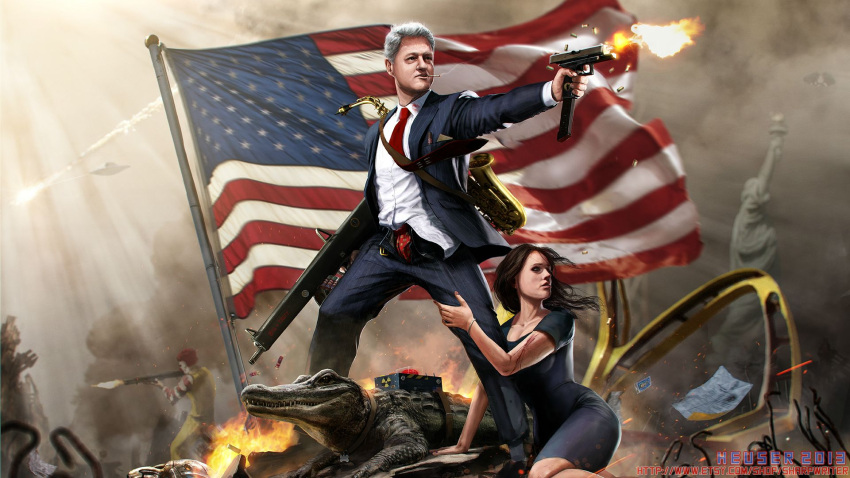 16:9 2013 aa-12 alien alligator alligatorid american_flag bill_clinton blood bodily_fluids bomb bottomwear brown_hair bulge bullet canton caution_stripes cigarette claws clothed clothing cloud clown collar crocodile crocodilian crocodylid domestic_pet explosives female finial fire flag flag_(object) flagpole glock group gun hair handgun hazard_symbol hi_res holding_gun holding_object holding_ranged_weapon holding_weapon human human_focus lol_comments long_hair machine_gun male mammal mascot mcdonald's monica_lewinsky musical_instrument nationalism necktie not_furry_focus nuclear_bomb open_bottomwear open_clothing open_mouth open_pants outside pants paper pistol propaganda pushbutton radiation_symbol ranged_weapon real_world reptile ronald_mcdonald saxophone scalie scratch scratches sharpwriter short_hair shotgun sky smaller_version_at_source smoke smoking spent_casing statue_of_liberty submachine_gun suit symbol tag_(disambiguation) teeth this_is_what_x_actually_believe ufo united_states_of_america wallpaper weapon what white_hair widescreen wind_instrument woodwind_instrument