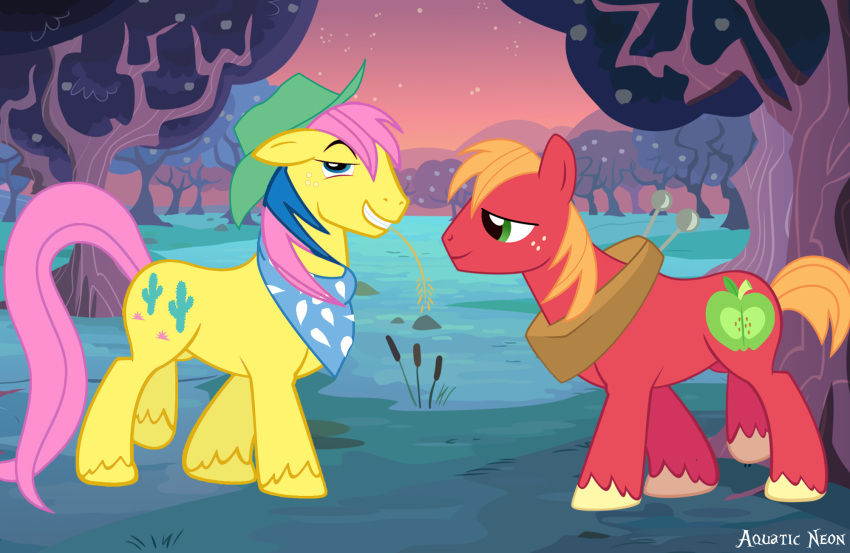 aquaticneon big_macintosh_(mlp) clothing cowboy_hat crossover cutie_mark duo earth_pony equid equine feral friendship_is_magic hasbro hat headgear headwear hi_res horn horse male mammal mlp_g1 my_little_pony my_little_pony_'n_friends plow_yoke pony pre-g4 tex_(mlp)