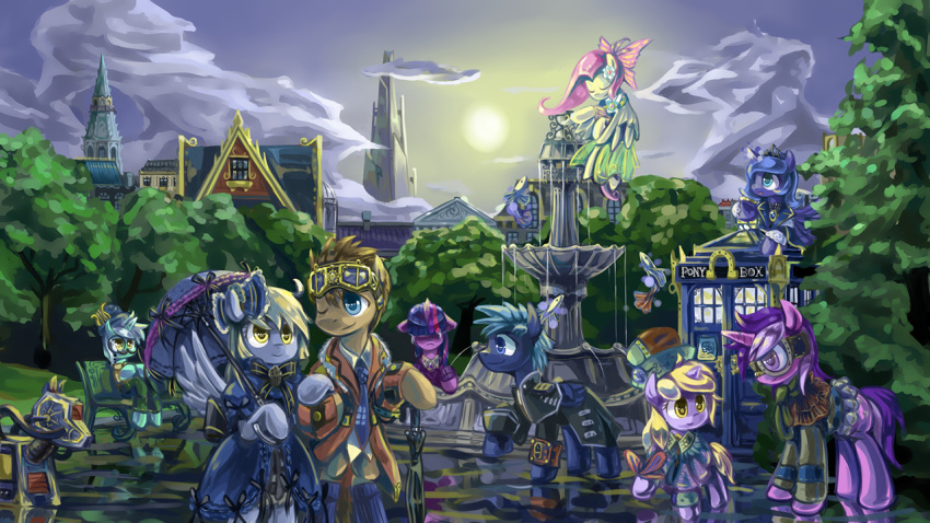 16:9 2013 alternative_fashion blonde_hair blue_eyes clothing derpy_hooves detailed detailed_background doctor_whooves_(mlp) earth_pony equid equine eyewear feathered_wings feathers female feral fluttershy_(mlp) friendship_is_magic fur goggles group hair hasbro horn horse male mammal multicolored_hair my_little_pony mythological_creature mythological_equine mythology outside pegasus pony princess_luna_(mlp) purple_body purple_eyes purple_fur purple_hair saturnspace sitting steampunk twilight_sparkle_(mlp) two_tone_hair umbrella unicorn widescreen wings yellow_body yellow_feathers