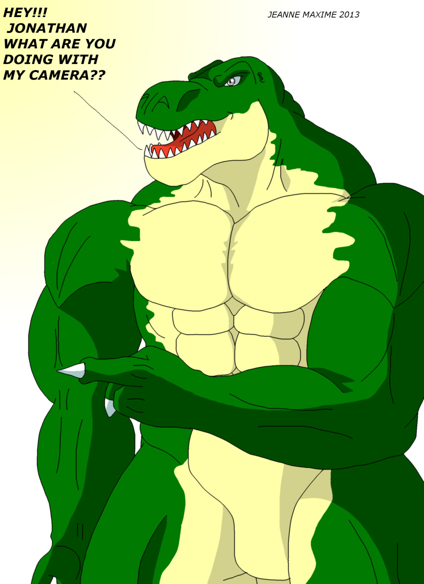 2013 abs absurd_res angry anthro athletic biceps biped claws dialogue dinosaur english_text extinct fangs flexing green_body green_skin grey_eyes hi_res lizard male maxime-jeanne muscular muscular_anthro nude open_mouth pecs pose prehistoric_species reptile scales scalie solo standing teeth text theropod thomas_carter tongue tyrannosaurid tyrannosauroid tyrannosaurus tyrannosaurus_rex vein yellow_body yellow_skin