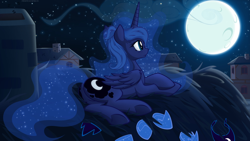 absurd_res alicorn ass blue_body blue_eyes blue_feathers blue_fur blue_hair building cloud cutie_mark dark_theme equid equine feathered_wings feathers female feral friendship_is_magic fur hair hasbro hi_res horn house junglepony long_hair mammal moon my_little_pony mythological_creature mythological_equine mythology night outside princess_luna_(mlp) royalty sky solo star starry_sky wings